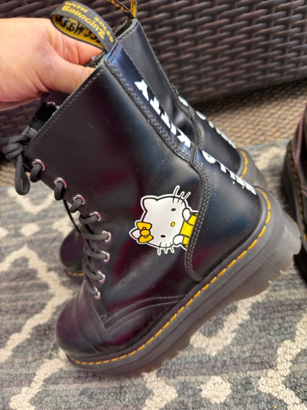 Dr. Martens Black Hello Kitty Lace-Up Combat Boots with Yellow Stitching - Picture 4 of 7